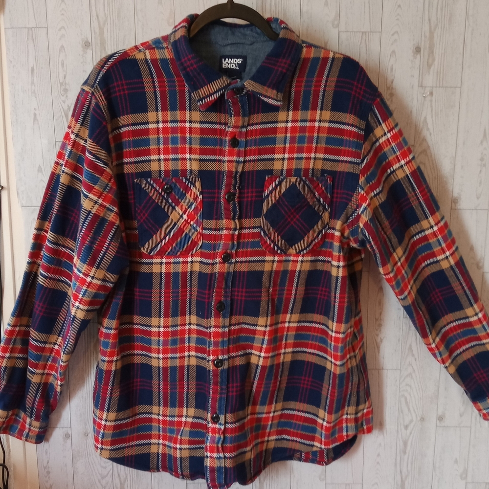 Lands' End Plaid Thick Button Up Shirt Men's Size XL Outdoor Western
